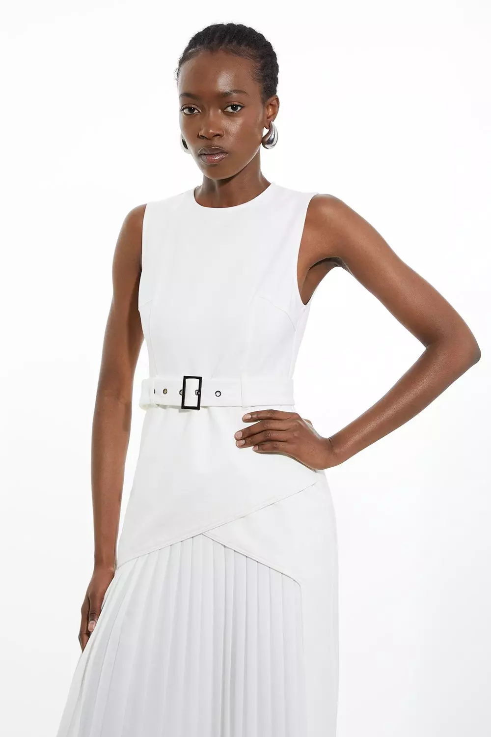 Ponte And Georgette Jersey Pleated Maxi Dress Karen Millen