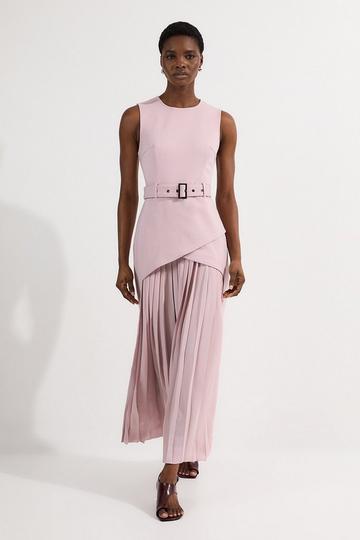 Pink Ponte And Georgette Jersey Pleated Maxi Dress