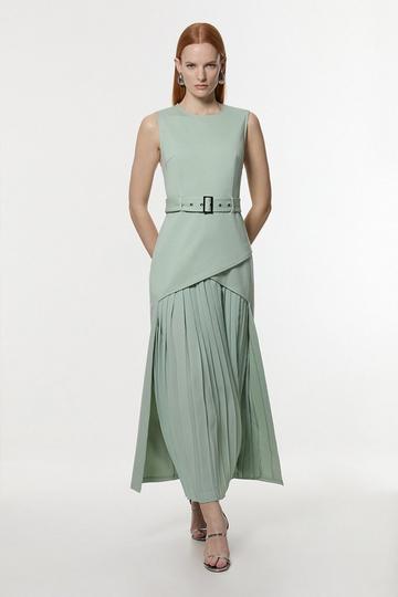 Ponte And Georgette Jersey Pleated Maxi Dress sage