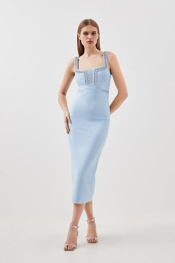 Blue Figure Form Bandage Knit Embellished Midi Column Dress