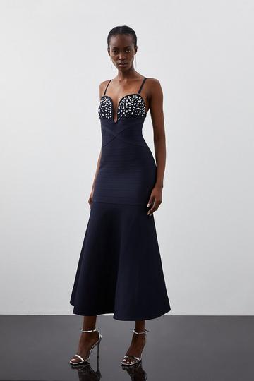 Navy Figure Form Bandage Embellished Fishtail Knit Maxi Dress