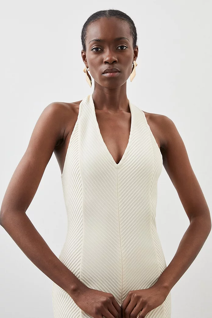 Figure Form Bandage Textured Knit Halter Midi Dress | Karen Figure Form Bandage Textured Knit Halter Midi Dress | Karen