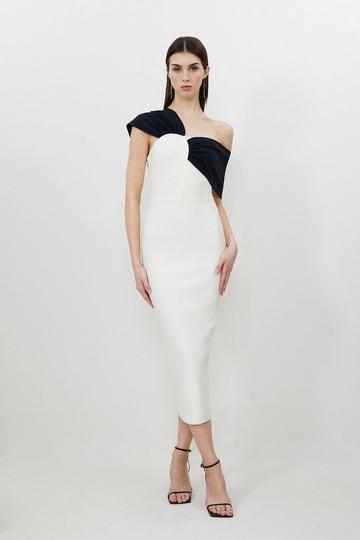 Cream White Petite Figure Form Bandage Asymmetric Strap Midi Dress