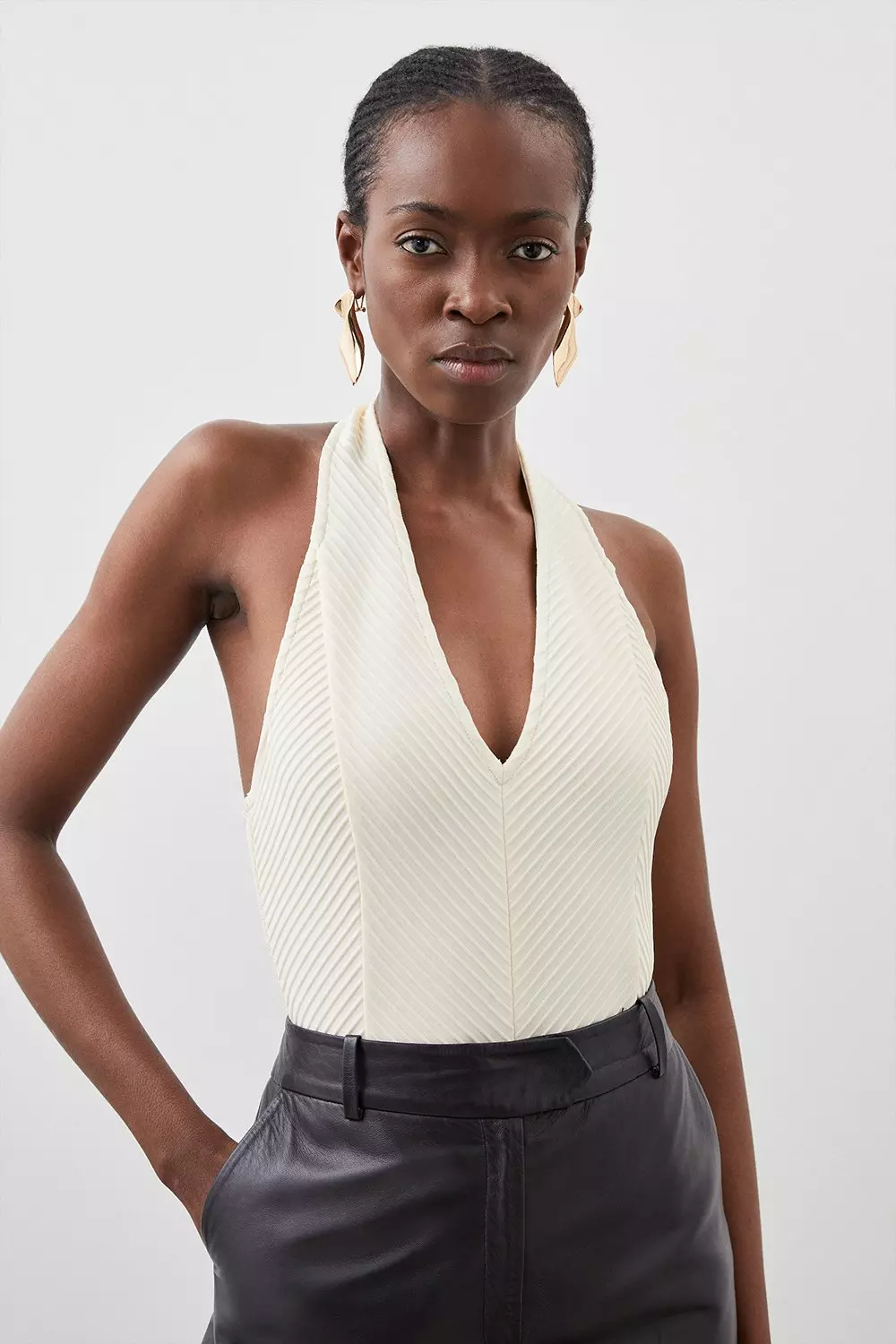ウェア Karen Figure Form Bandage Textured Knit Halter Top | Karen Millen