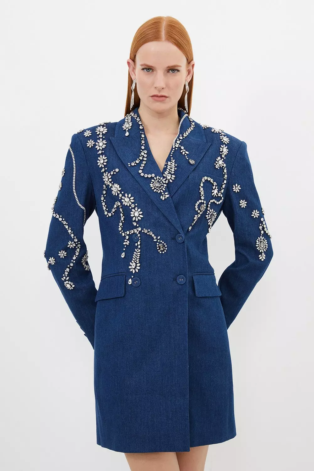 Embellished Denim Double Breasted Blazer Mini Dress Karen Millen