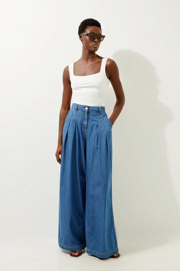 Blue Tailored Chambray Denim Straight Leg Pleated Trousers