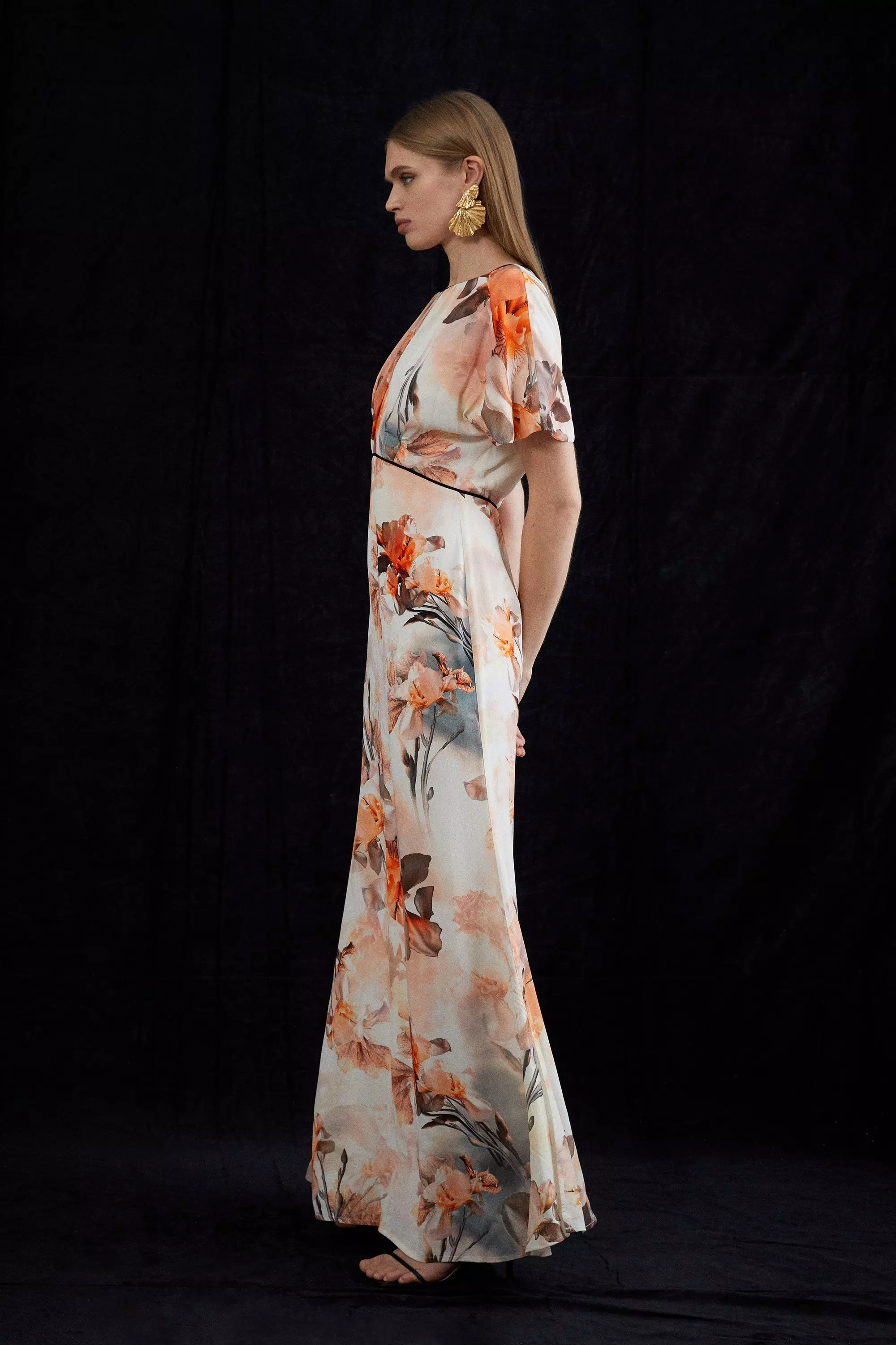 Petite Blurred Floral Woven Column Angel Sleeve Maxi Dress Karen Millen