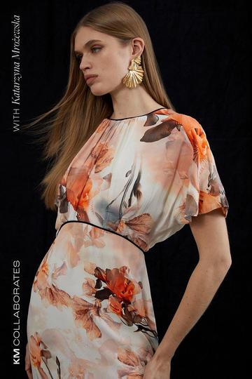 Multi Blurred Floral Woven Column Angel Sleeve Maxi Dress
