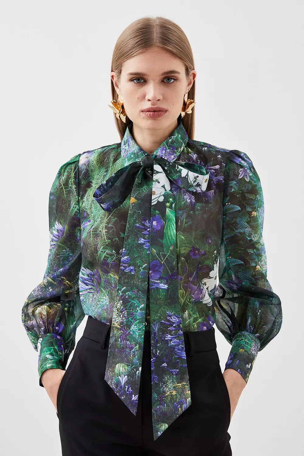 Scenic Floral Printed Organdie Pussybow Tie Blouse Karen Millen