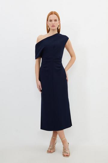 Compact Stretch Drop Shoulder Tailored Midi Dress navy