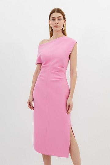 Pink Compact Stretch Drop Shoulder Tailored Midi Dress