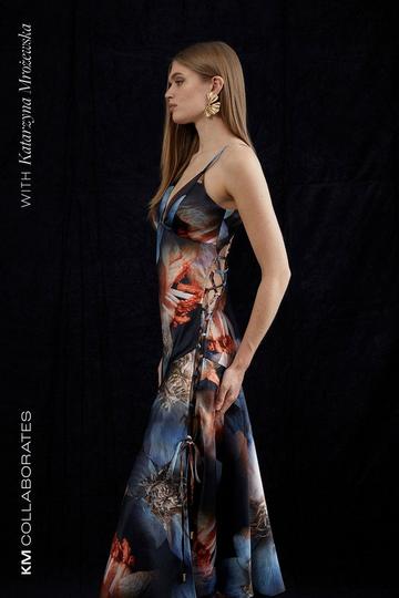 Photographic Floral Woven Satin Tie Detail Maxi Dress floral
