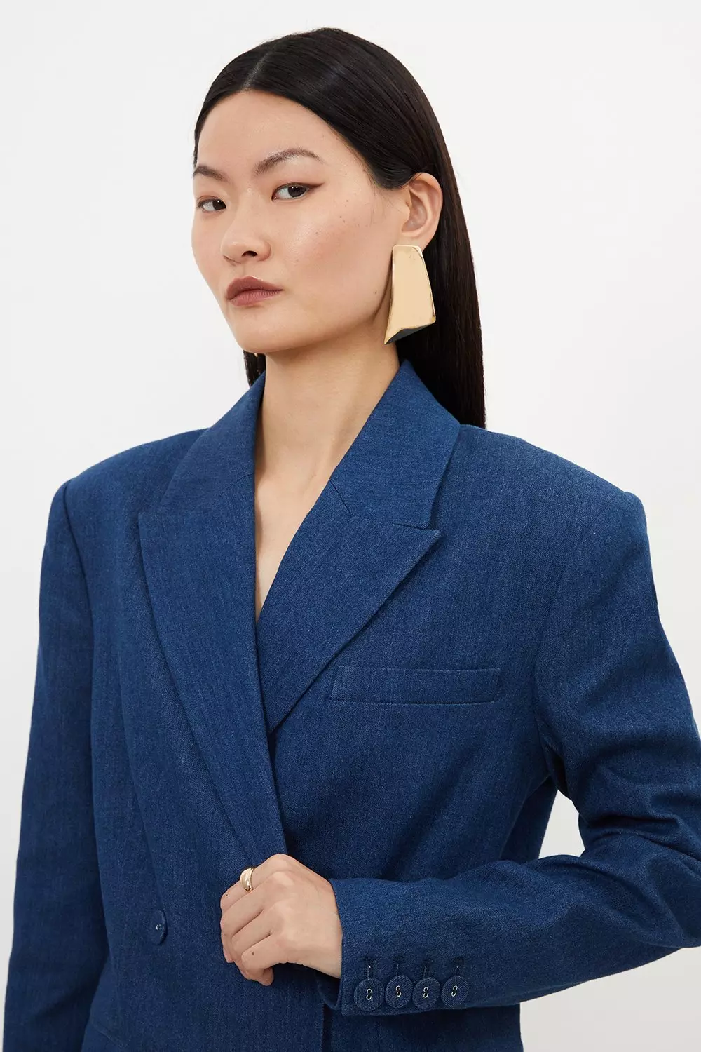 ★Karen Millen★ スクエアネックテーラードフルスカートドレス Premium Pearl Embellished Denim Woven Sleeveless Blazer Midi