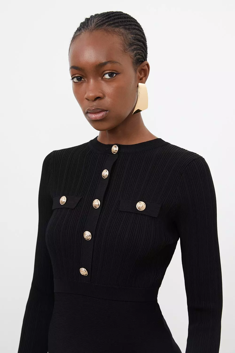 【KAREN MILLEN】ミリタリー トリム織り襟 ニット スケーター Viscose Blend Rib Knit Military Trim Skater Dress | Karen Millen