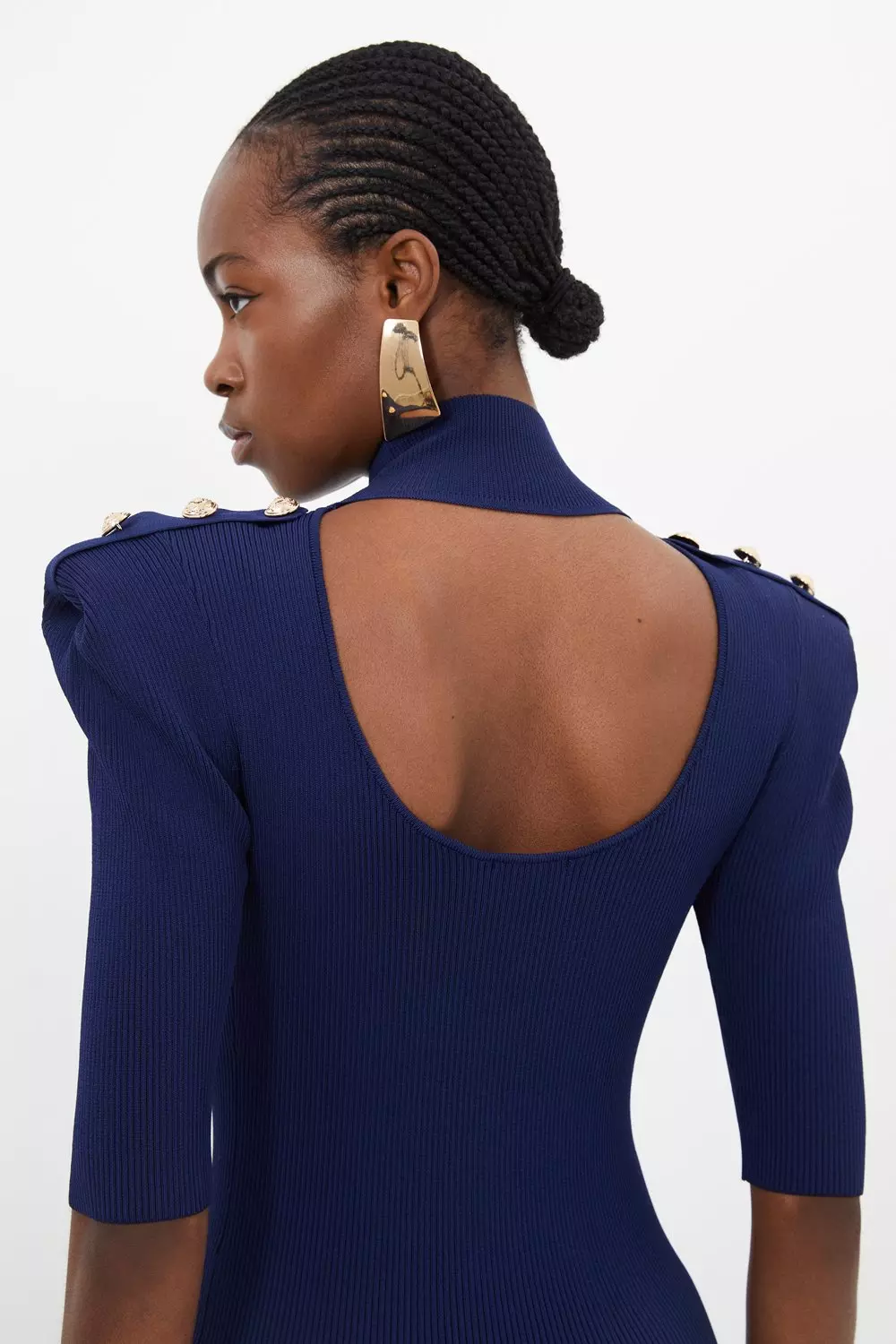 Viscose Blend Rib Knit Power Shoulder Midaxi Dress | Karen