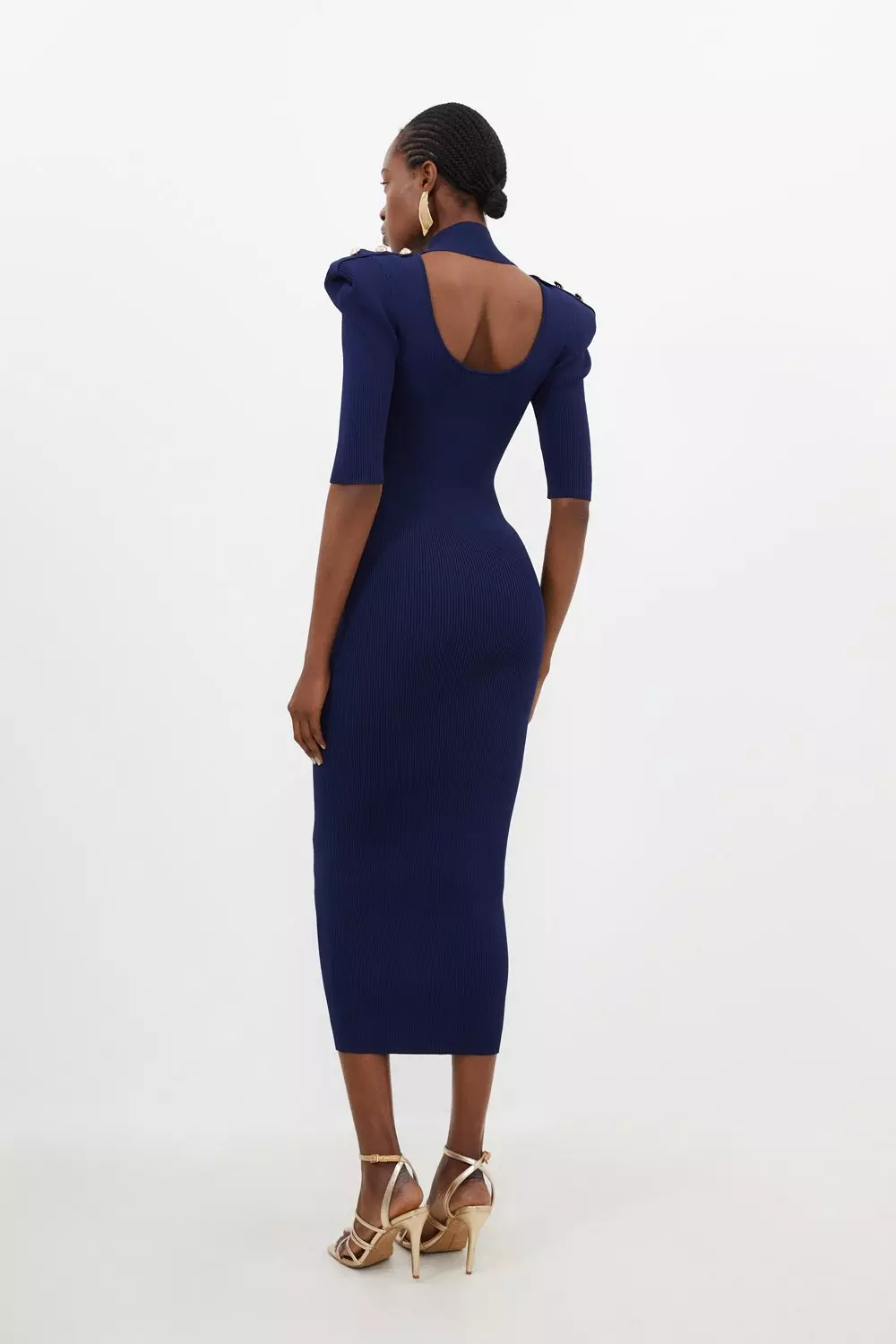 Viscose Blend Rib Knit Power Shoulder Midaxi Dress | Karen