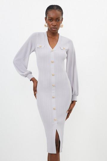 Viscose Blend Rib Knit Chiffon Sleeve Midi Dress mushroom