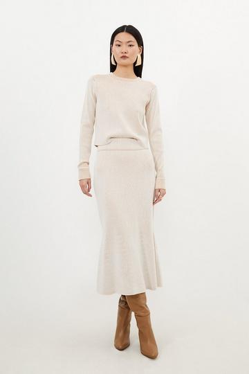 Viscose Blend Cable Plaited Rib Knit Midi Skirt neutral