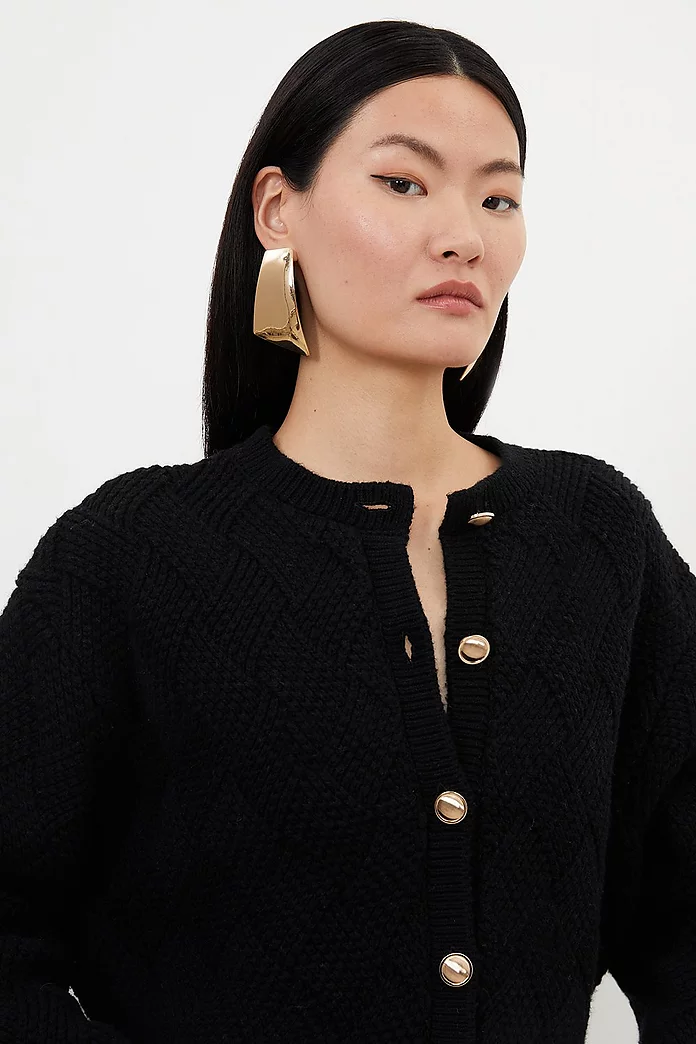 Wool Blend Button Chunky Textured Knit Cardigan | Karen Millen Wool Blend Button Chunky Textured Knit Cardigan | Karen Millen