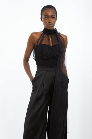 Black Bow Neck Tulle And Ponte Jersey Bodysuit