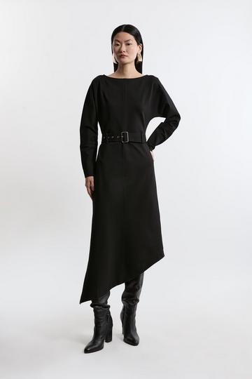 Black Waterfall Hem Belted Ponte Jersey Midi Dress