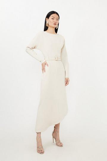 Cream White Waterfall Hem Belted Ponte Jersey Maxi Dress