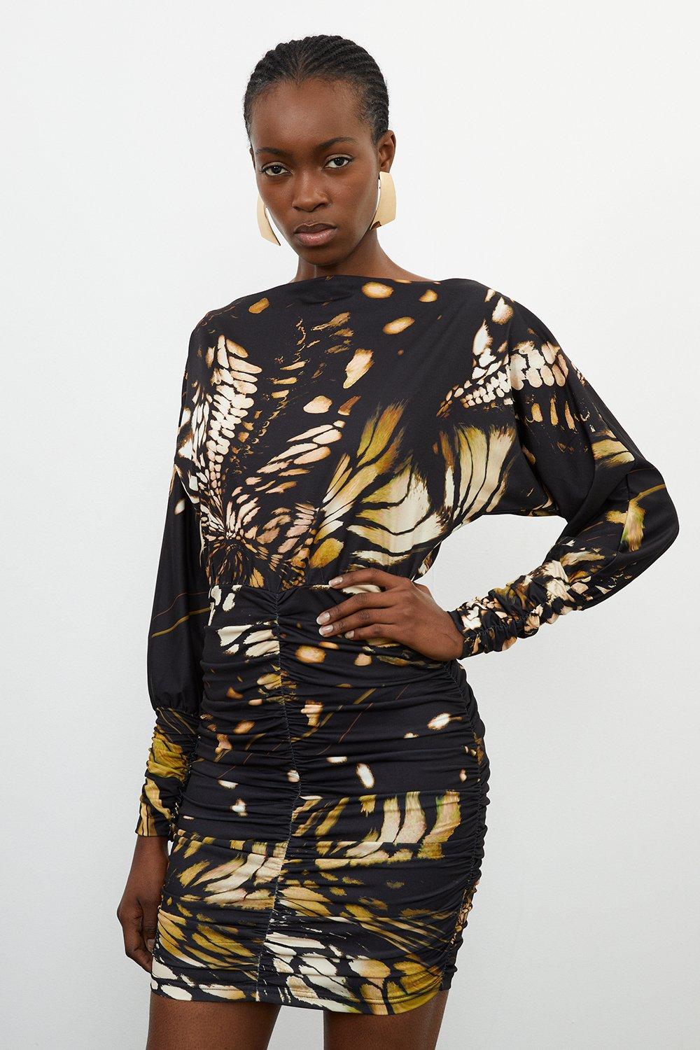 Butterfly Print Jersey Crepe Batwing Sleeve Mini Dress Butterfly Print Jersey Crepe Batwing Sleeve Mini Dress