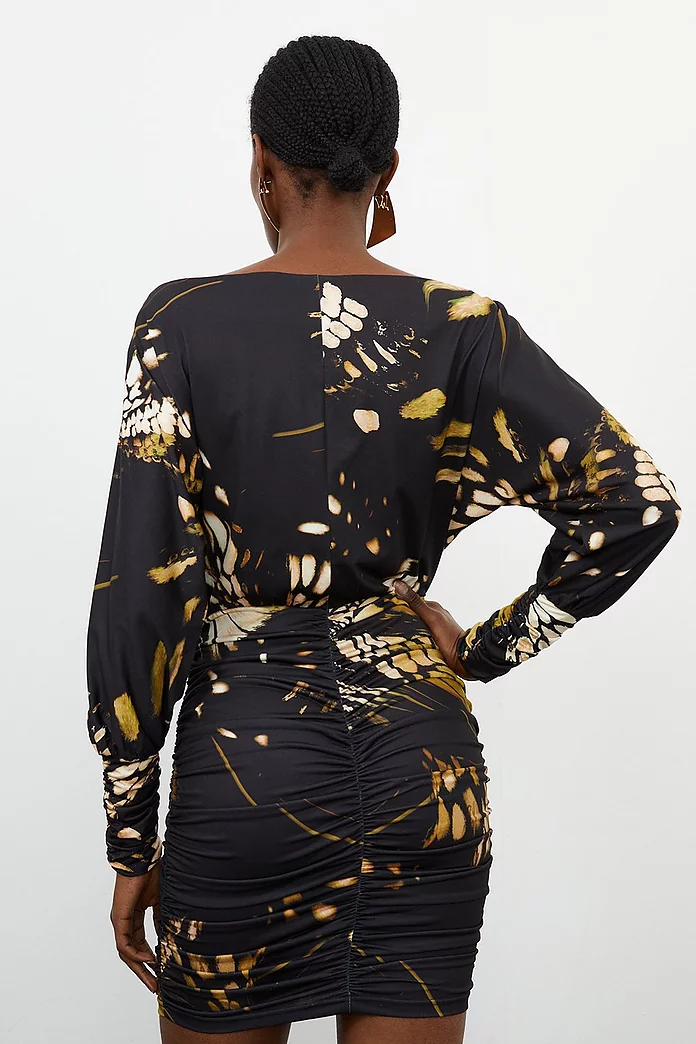 Butterfly Print Jersey Crepe Batwing Sleeve Mini Dress Butterfly Print Jersey Crepe Batwing Sleeve Mini Dress
