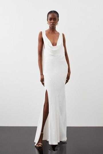 Satin Crepe Mix Cowl Neck Maxi Dress ivory