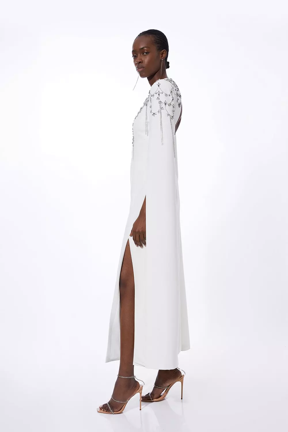 Crystal Embellished Cady Woven Cape Maxi Dress | Karen Millen