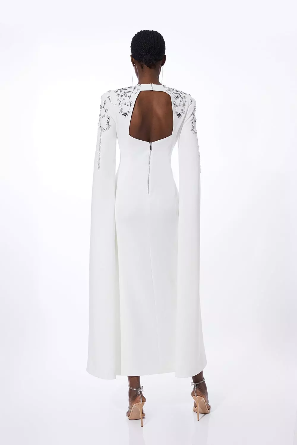 Crystal Embellished Cady Woven Cape Maxi Dress | Karen Millen