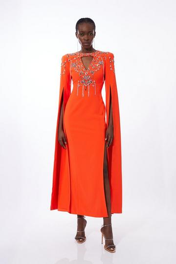 Crystal Embellished Cady Woven Cape Maxi Dress tomato red