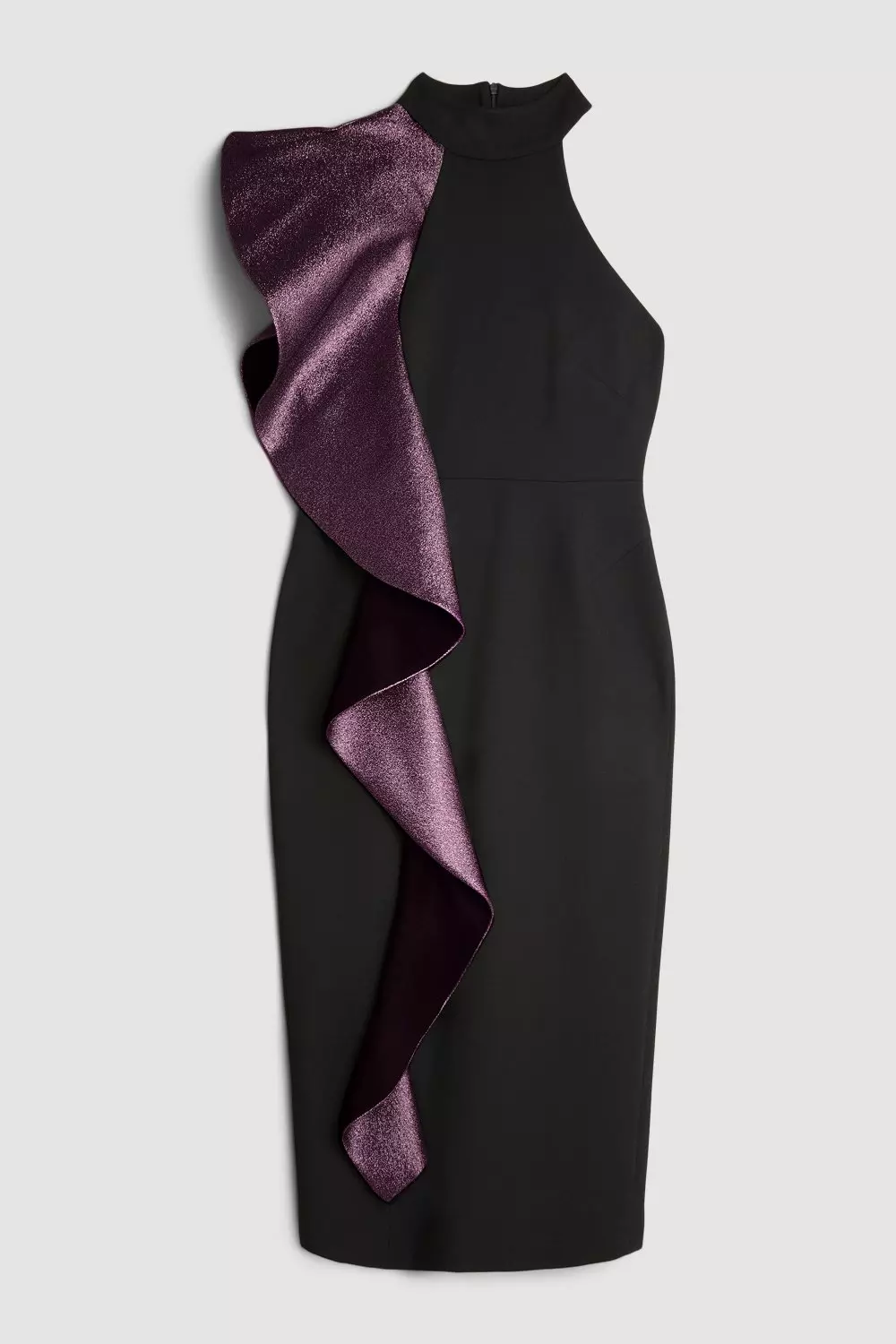 Compact Stretch Ruffle Shoulder Detail Tailored Midi Dress