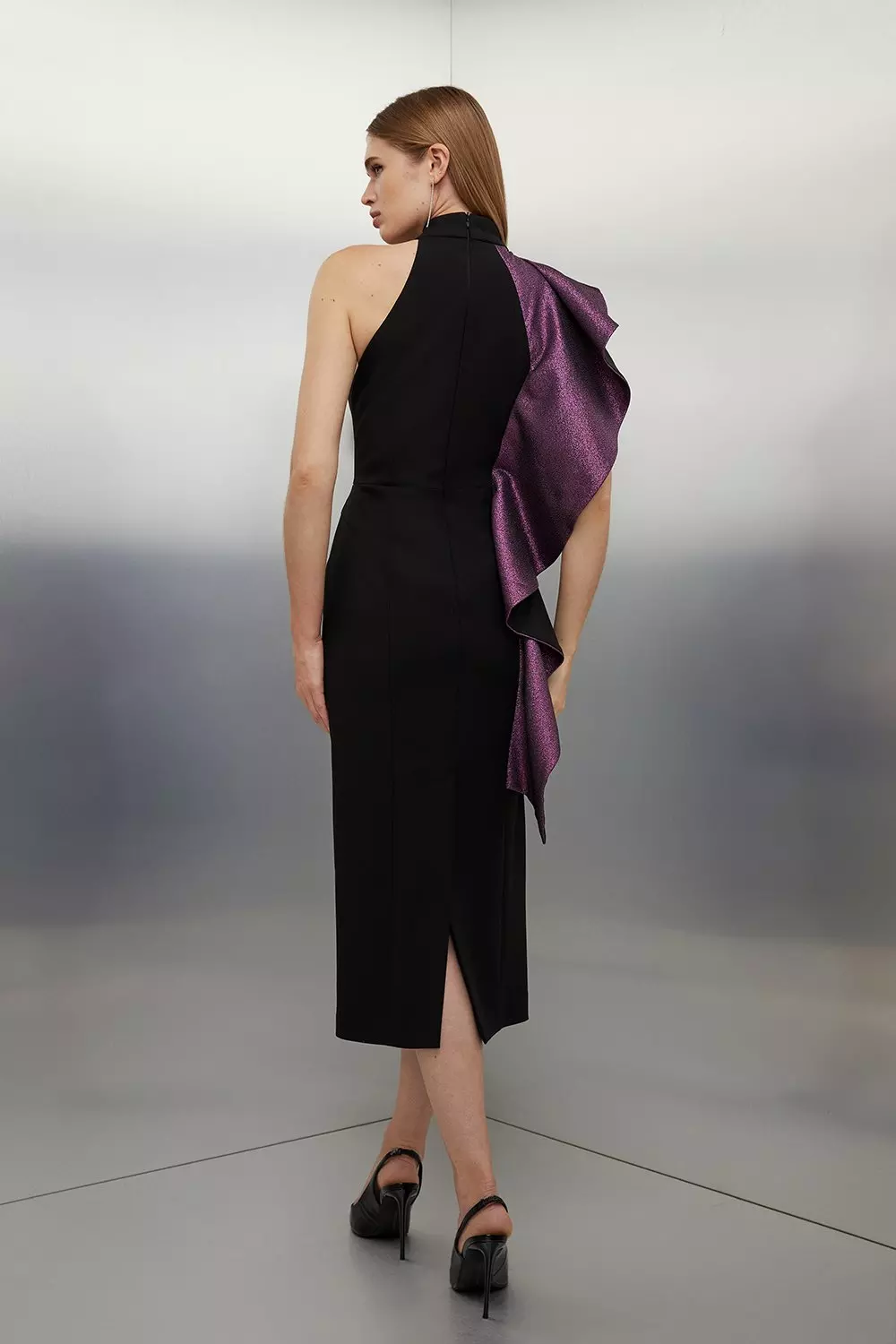 Compact Stretch Ruffle Shoulder Detail Tailored Midi Dress | Karen Millen
