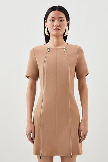 Compact Stretch Zip Detail Tailored Mini Dress camel