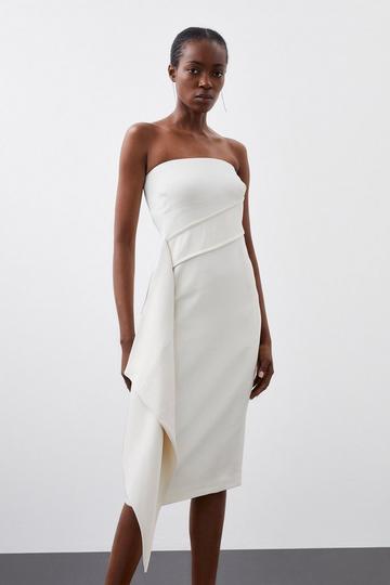 Polished Viscose Bandeau Drape Waist Midi Dress ivory