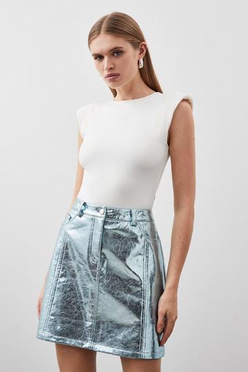 Metallic Faux Leather Mini Skirt pale blue