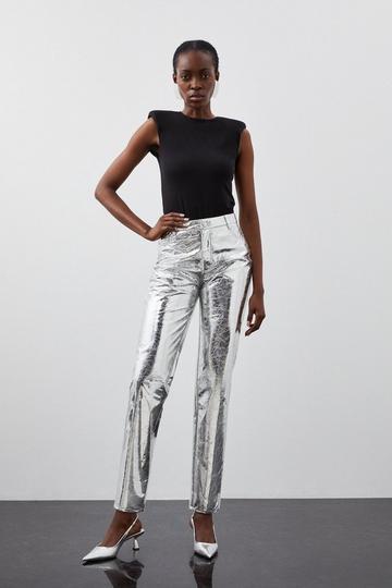 Silver Metallic Faux Leather Straight Pants