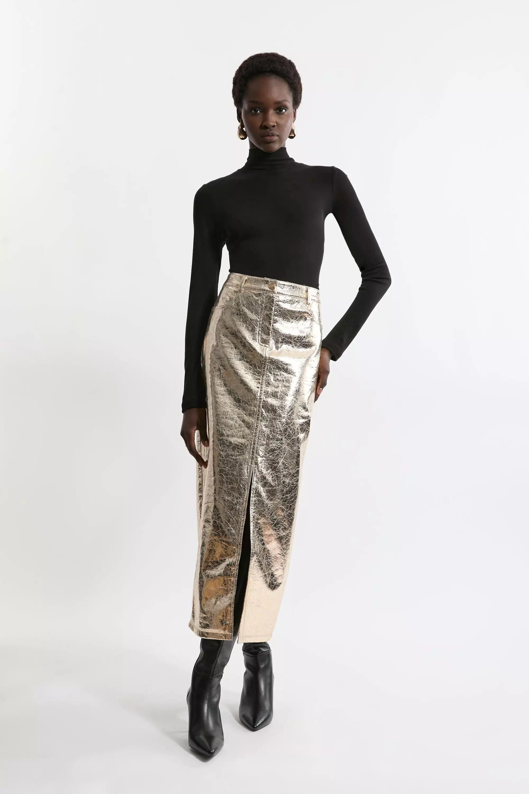 Metallic Faux Leather Midi Skirt Karen Millen