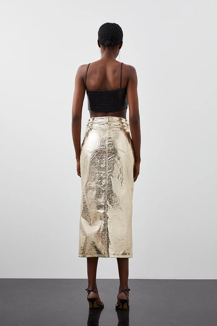 Metallic Faux Leather Midi Skirt | Karen Millen Metallic Faux Leather Midi Skirt | Karen Millen