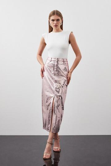 Pink Metallic Faux Leather Midi Skirt