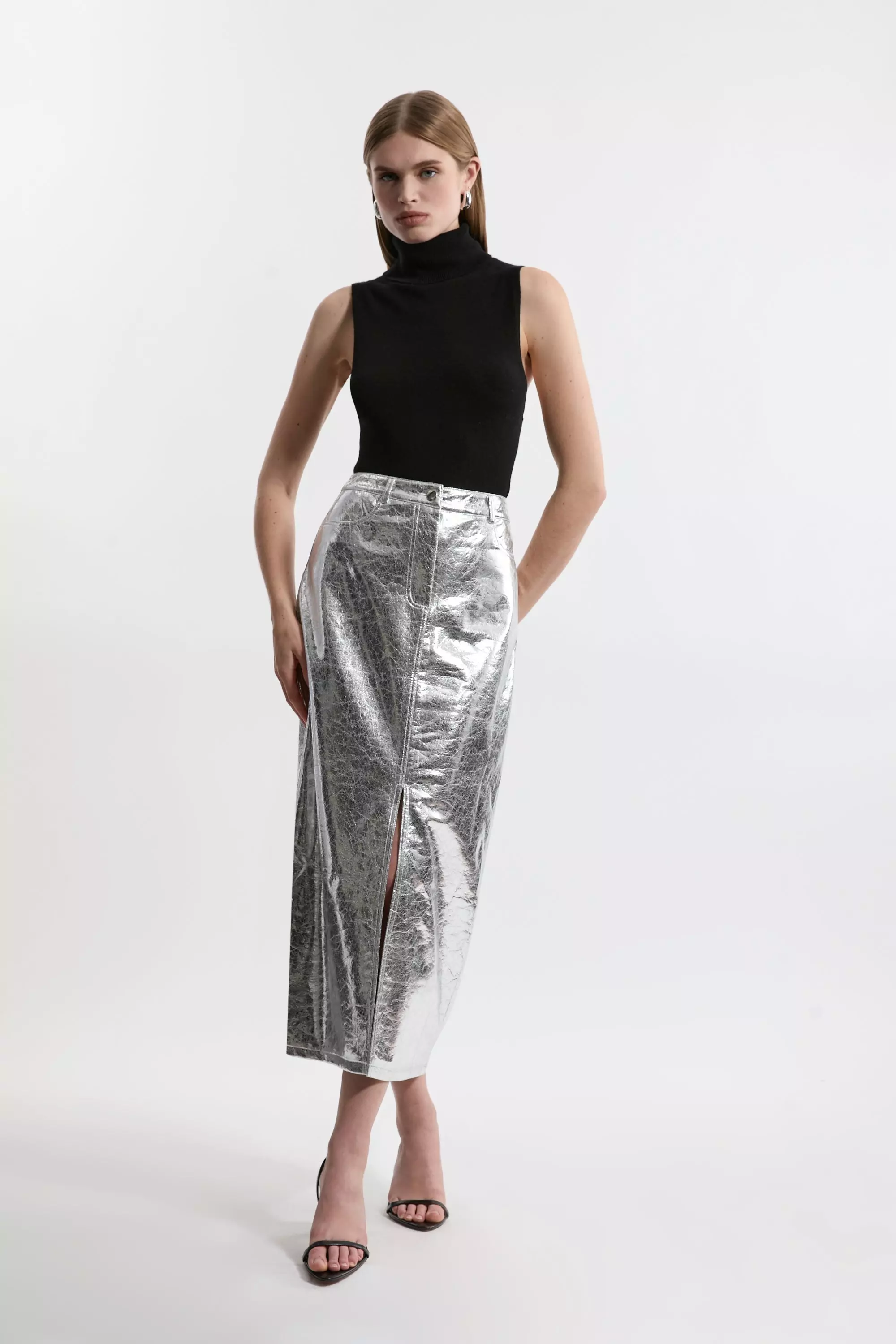 Metallic Faux Leather Midi Skirt Karen Millen