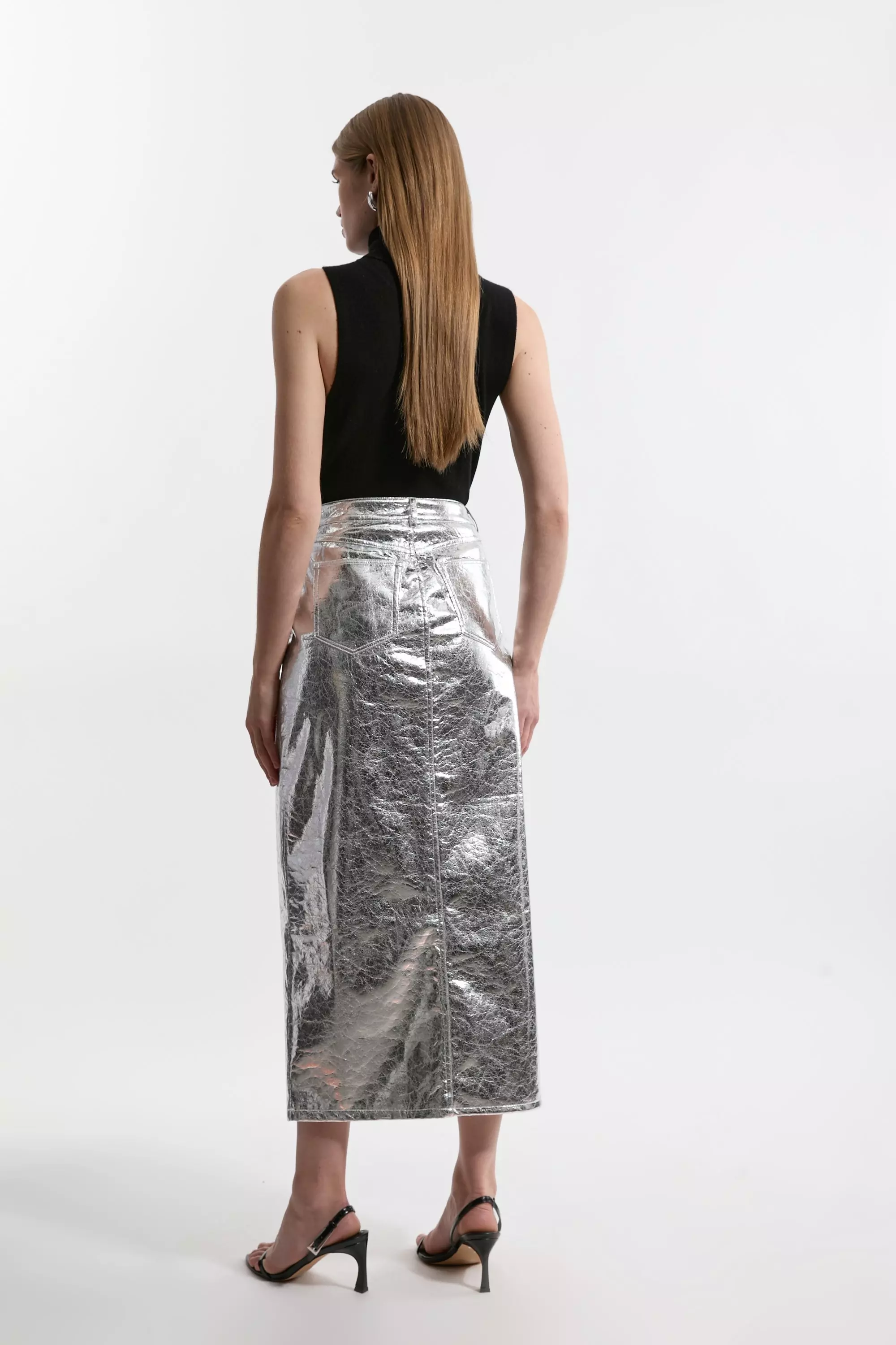 Metallic Faux Leather Midi Skirt | Karen Millen