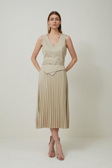 Tailored Wool Blend Belted Pleat Detail Midi Dress stone