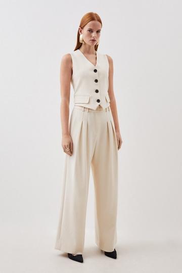 Cream White Compact Stretch Tailored Pleated Straight Leg Pants