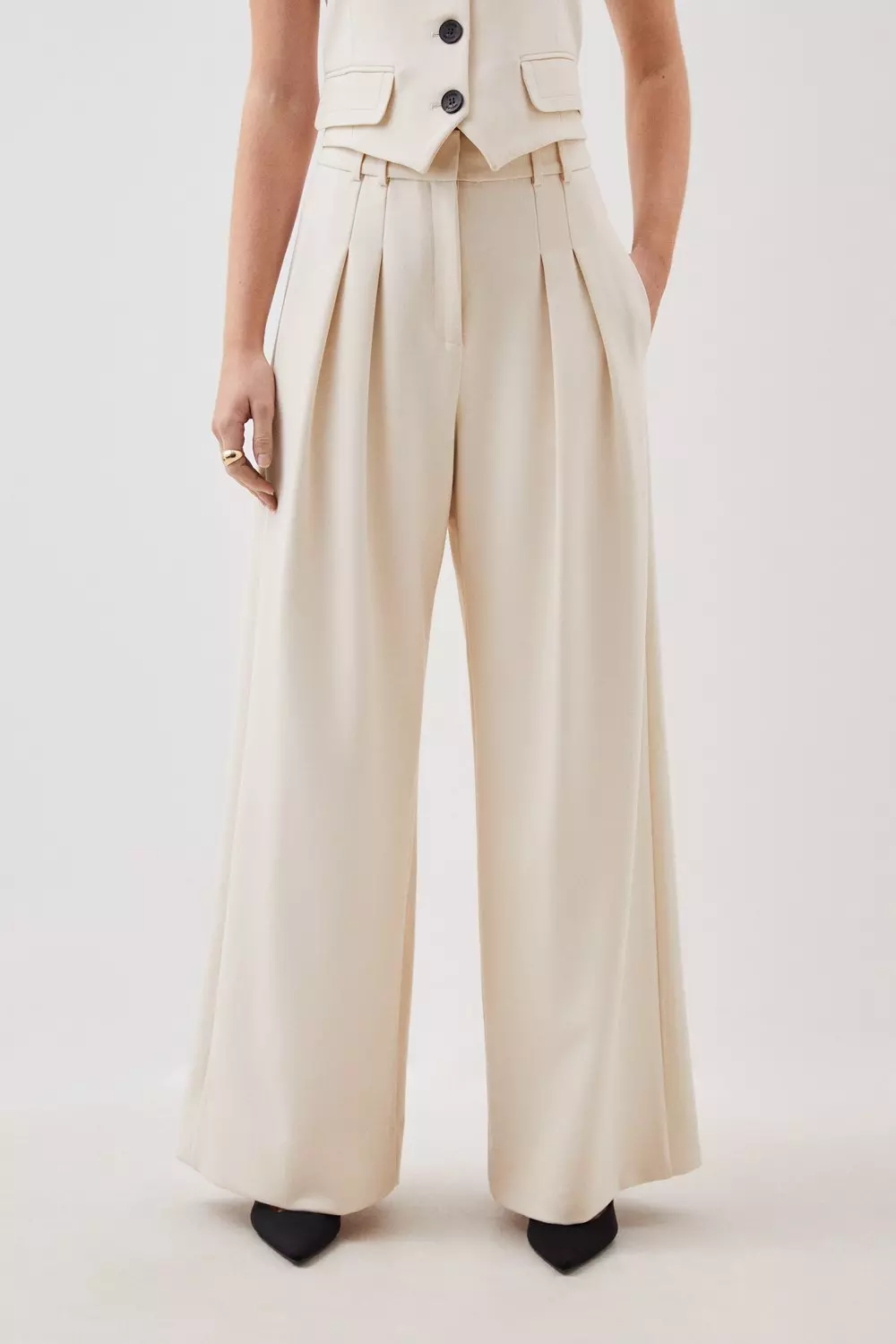 Compact Stretch Tailored Pleated Straight Leg Trousers Karen Millen