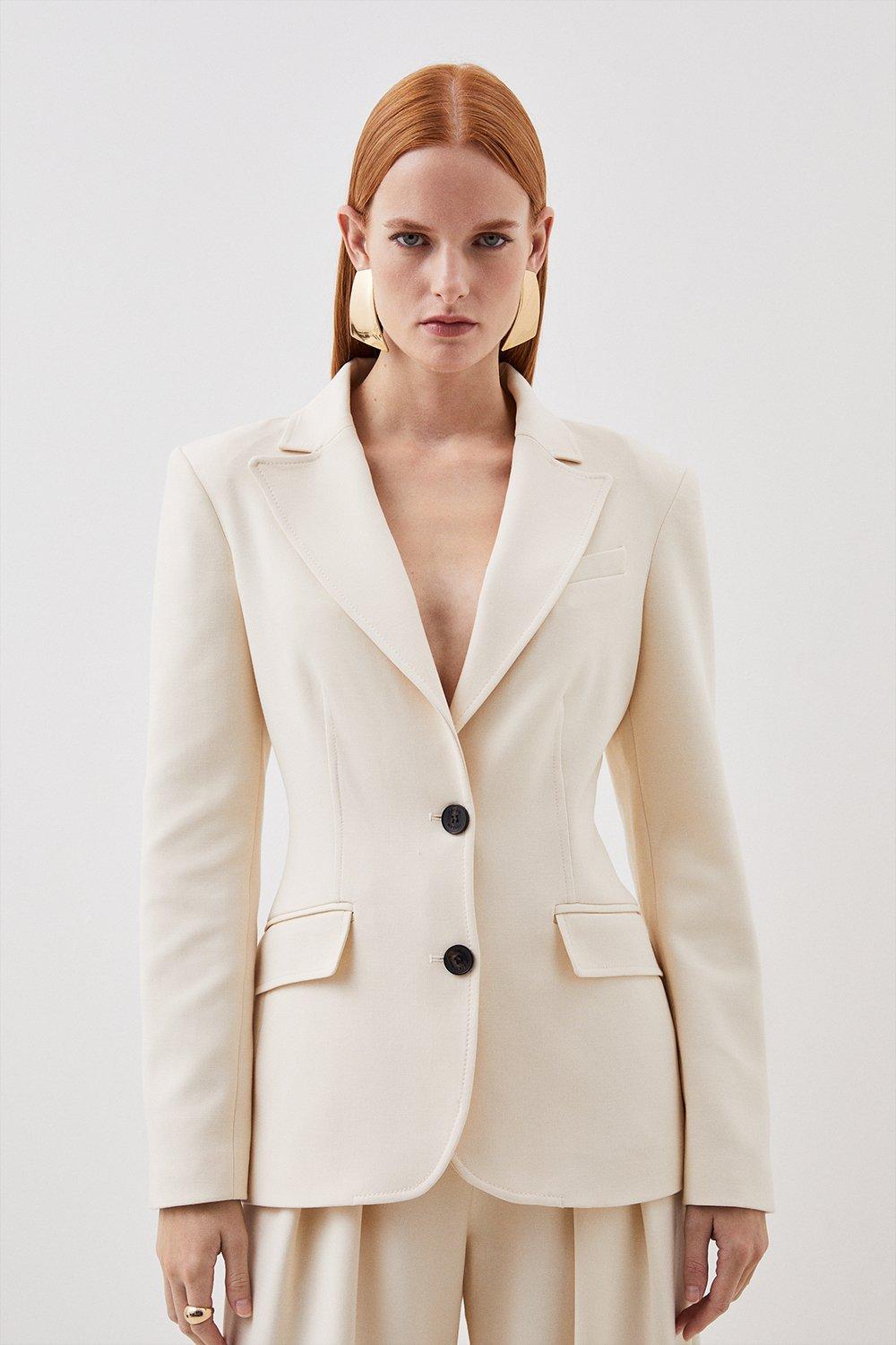 Cream Compact Stretch Tailored Long Line Blazer