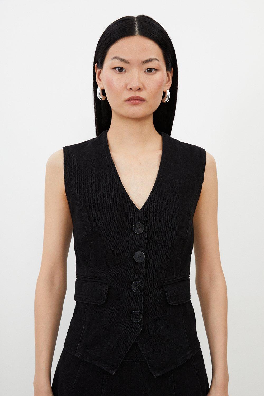 Black Denim Contrast Stitch Detail Button Through Vest