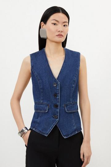 Denim Button Through Waistcoat mid blue