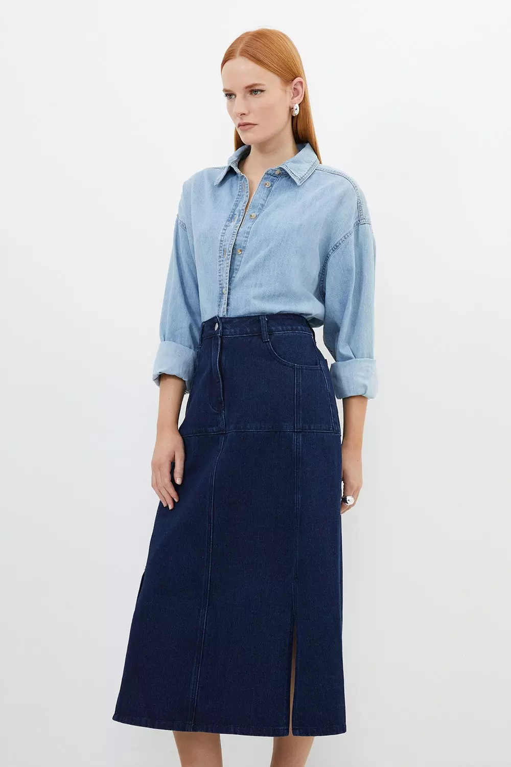 Denim Panel Seam Midi Skirt Karen Millen